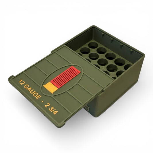 Coconut Innovations Munitionsbox / 12 Gauge 2.75" / 12-70 / ‘Schiebedeckel’ / Patronenbox, Ammo Box - 3D-Druck aus dem Westerwald