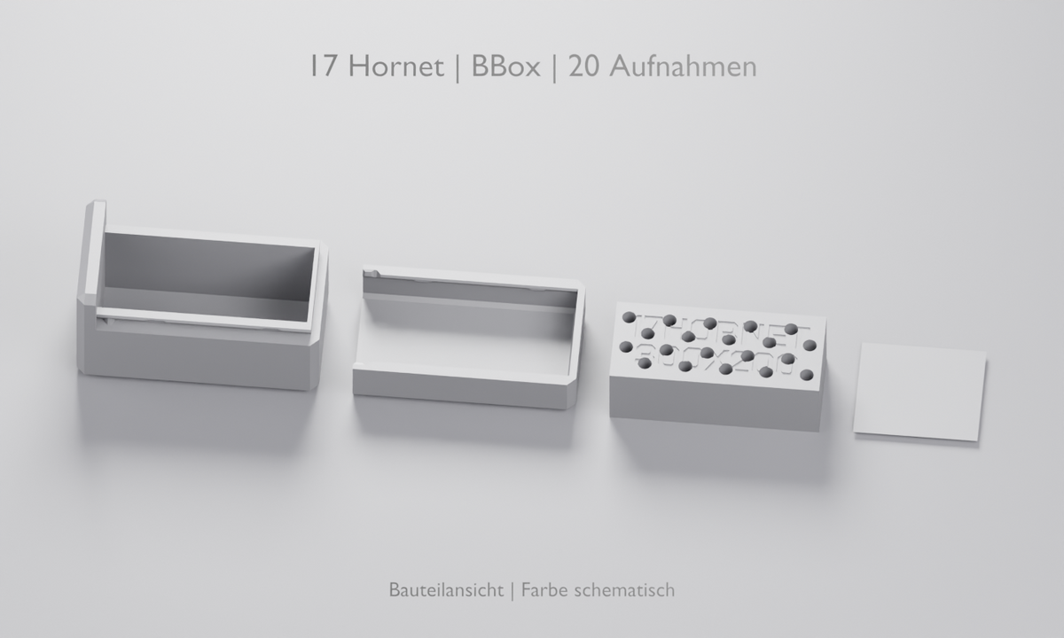 
.17 Hornet BBox: 20 Aufnahmen. Bauteilansicht aus geprüften 3D-Daten; Farbe schematisch.