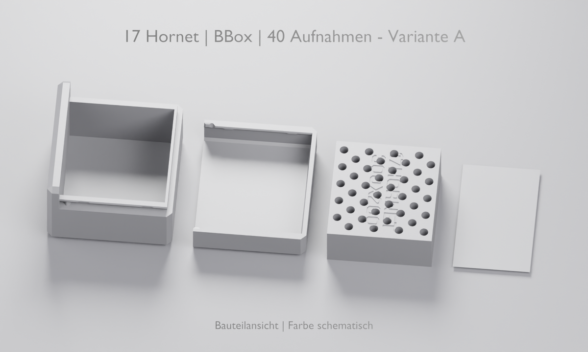 
.17 Hornet BBox: 40 – Variante A Aufnahmen. Bauteilansicht aus geprüften 3D-Daten; Farbe schematisch.