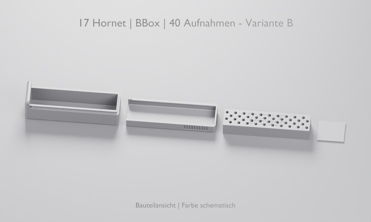 
.17 Hornet BBox: 40 – Variante B Aufnahmen. Bauteilansicht aus geprüften 3D-Daten; Farbe schematisch.